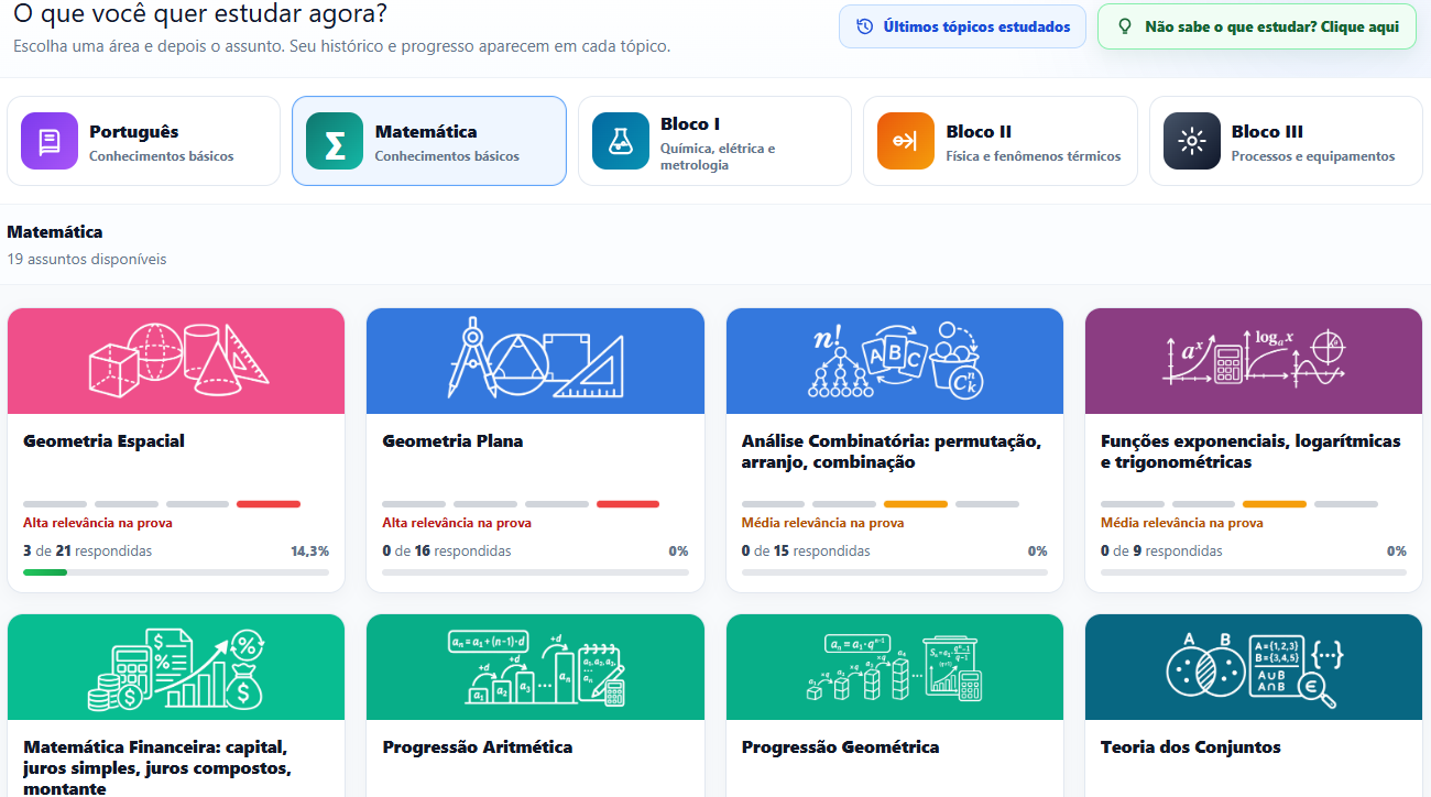 Tela de prática por blocos e tópicos da Petro Questões
